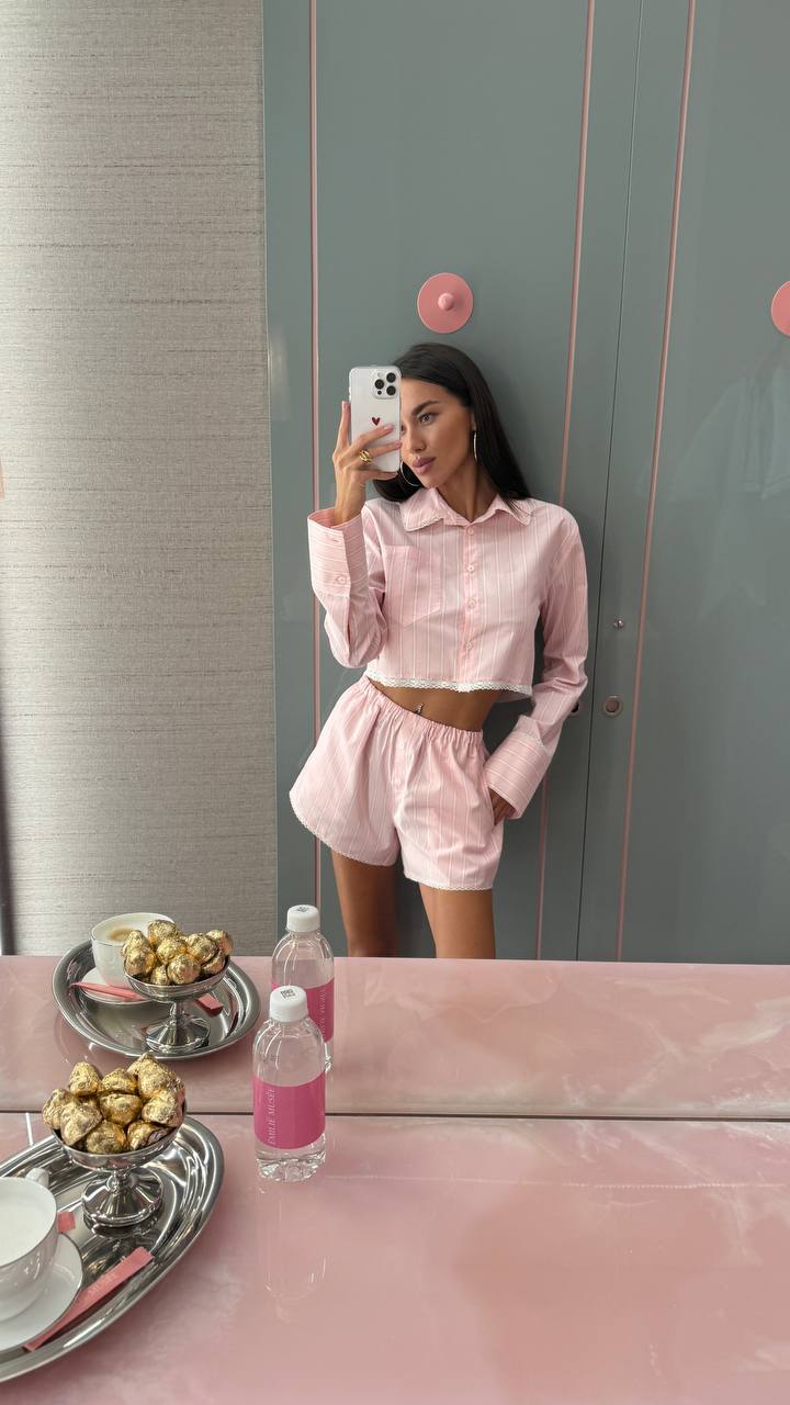 Костюм из хлопка с кружевом Stripe Pink